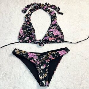 2 Piece Black & Pink Floral Ruffle Top & High Cut Bottom Bikini Set Size Small